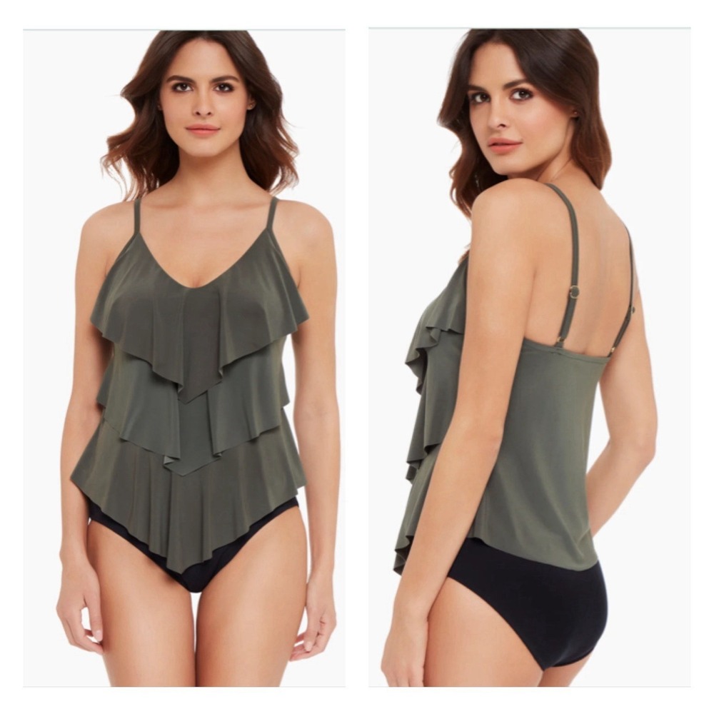 Magicsuit Rita Tankini Top Women's 10 Swimsuit Tier Ruffle Grey NEW